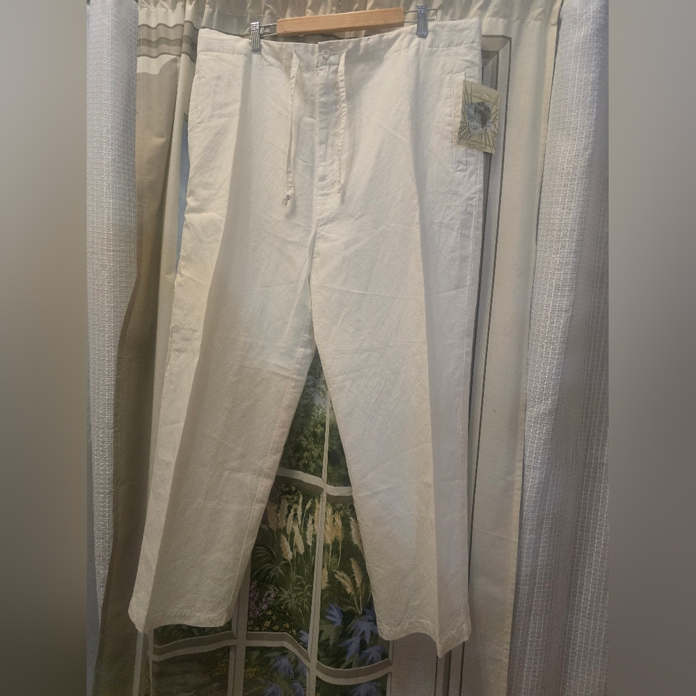 NWT Boca Classics Island Wear Linen Blend Pants Men's 42 X 30  Beige Elastic Tie